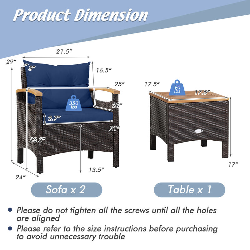 3 Pieces Patio Rattan Furniture Set with Removable Cushion