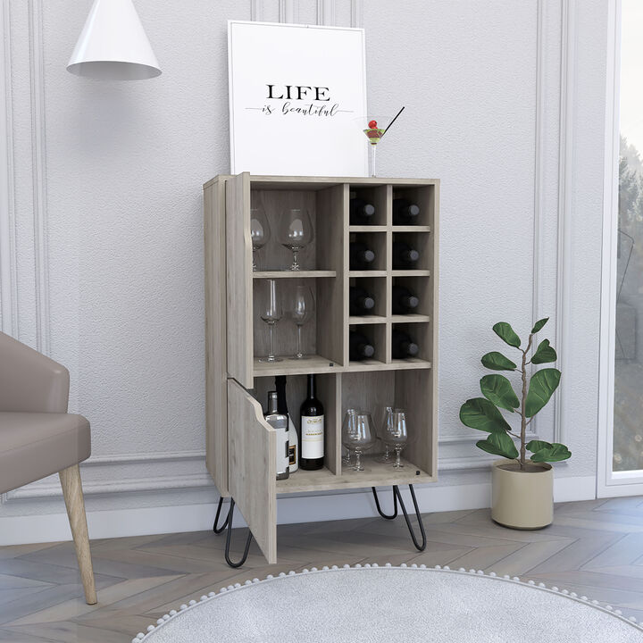 DEPOT E-SHOP Zamna L Bar Single Door Cabinet, Eight Built-in Wine Rack, Four Legs, Light Gray