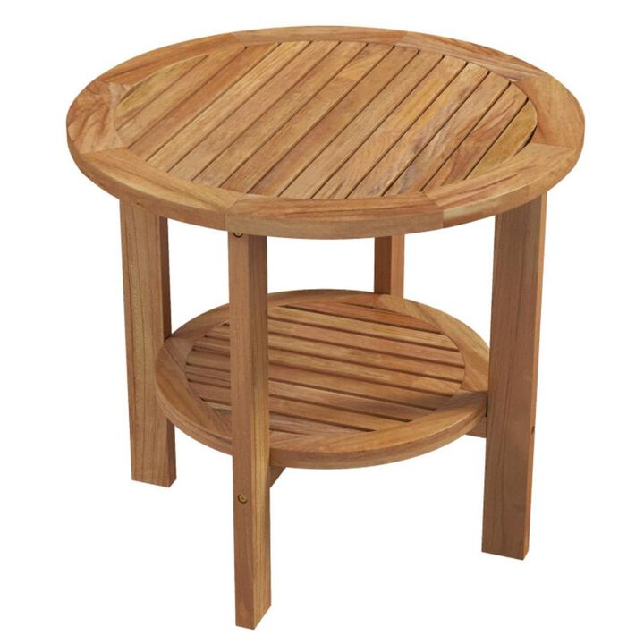 Outdoor Round Side Table Patio End Table with Slatted Storage Shelf for Garden or Backyard