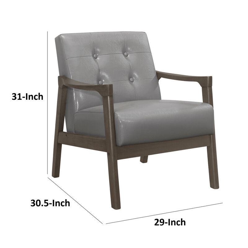Aly 31 Inch Accent Chair Armchair, Gray Faux Leather, Brown Solid Wood - Benzara