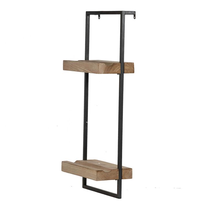 Yin 27 Inch Wall Shelf with 2 Tiers, Rectangular Black Iron, Brown Wood - Benzara