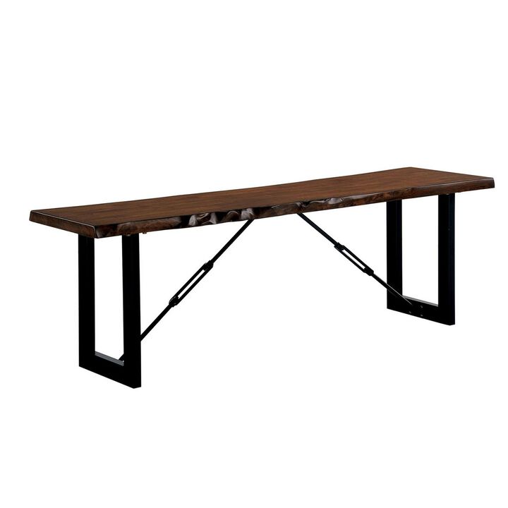 Rectangular Metal Frame Bench with Wooden Seat, Black and Brown-Benzara