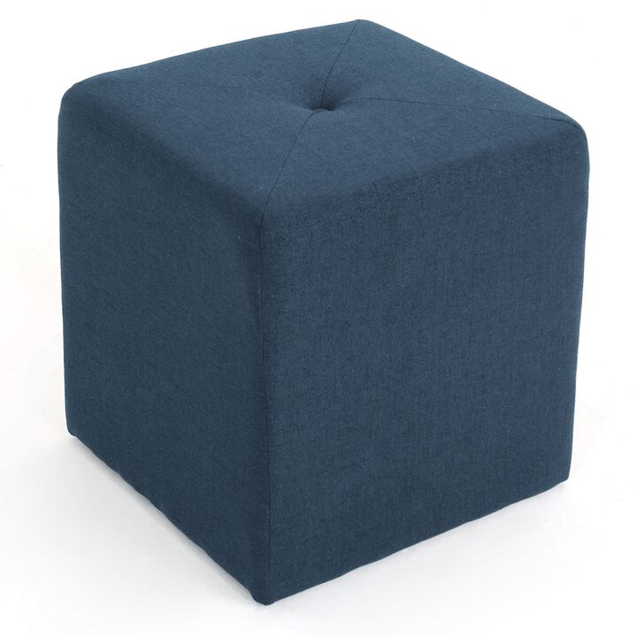 Liasa Ottoman, Cube Shape, Navy Blue Fabric, Plush Cushion, 17 Inch -Benzara