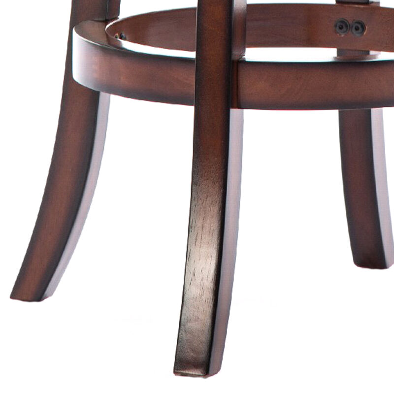 Pal 29 Inch Swivel Bar Stool, Solid Wood, Rich Bonded Leather, Brown-Benzara