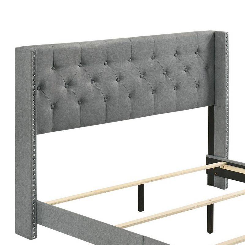 Lih Modern Wingback Queen Bed, Button Tufted Headboard, Nailhead Trim, Gray - Benzara