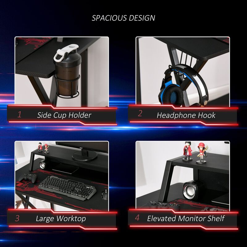 Black Gamer Station: Racing Style Desk with Monitor Shelf