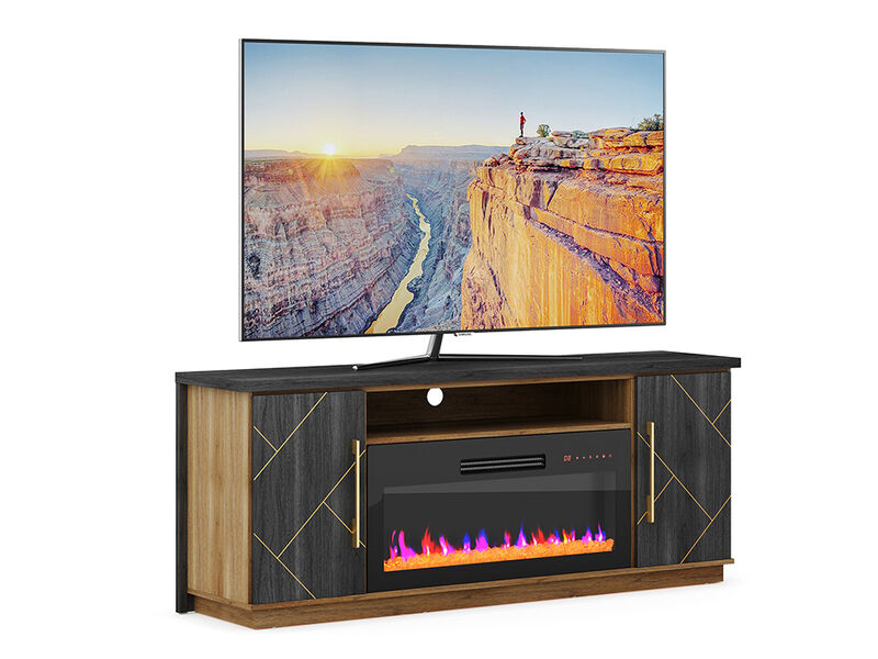 BELLEZE 68 Inch Electric Fireplace TV Stand With Gold Grim, Elegant Entertainment Center With Storage, Media Console With Drawers & Open Shelves for Living Room, Bedroom Home Theater (Espresso Black)