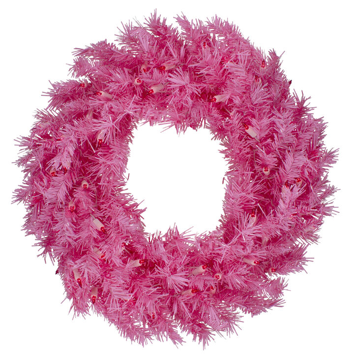 24" Pre-Lit Pink Spruce Artificial Christmas Wreath  Pink Lights