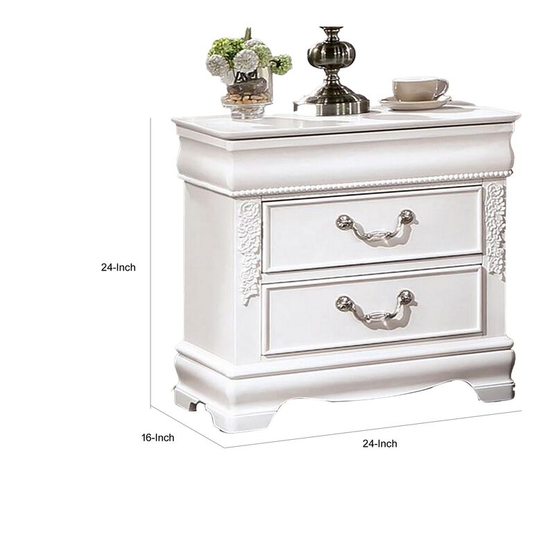 Benjara Aleci 24 Inch Nightstand, 2 Drawers, Carved Details, Solid Wood, White and Nickel