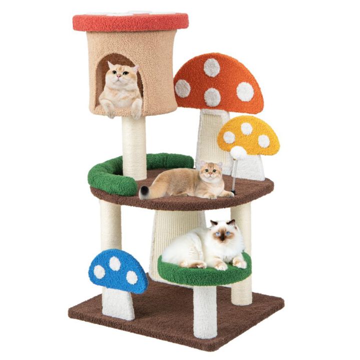 Hivvago 4-In-1 Mushroom Cat Tree with Condo Spring Ball and Sisal Posts-Multicolor