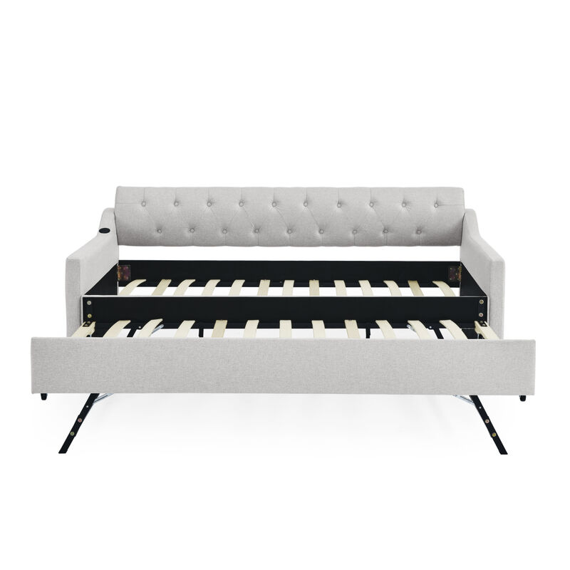 Twin Size Upholstery Day Bed With Twin Size Erectable Trundle And USB Charging Design, Linen Beige