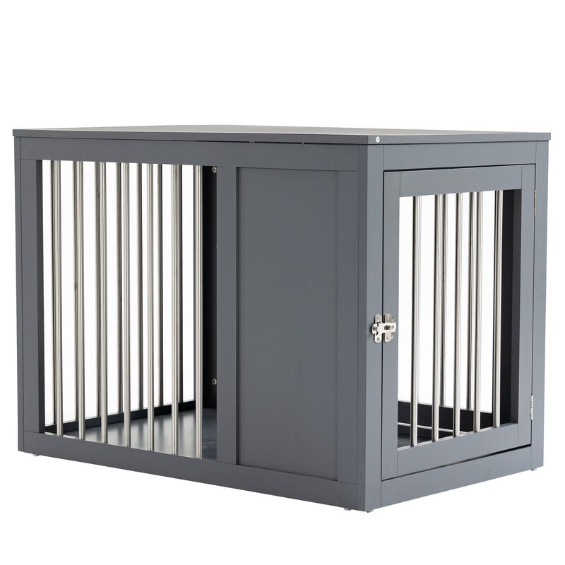 Gray Pet Furniture: Indoor Dog Crate End Table with Double Doors
