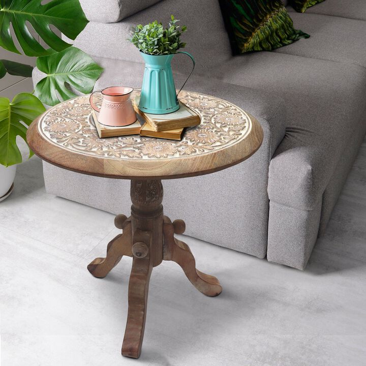 Intricately Carved Round Top Mango Wood Side End Table with Pedestal Base, Brown and White-Benzara