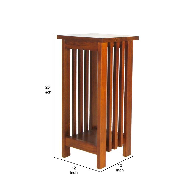 25 Inch Wooden Flower Stand with Slatted Sides and Bottom Shelf, Brown-Benzara