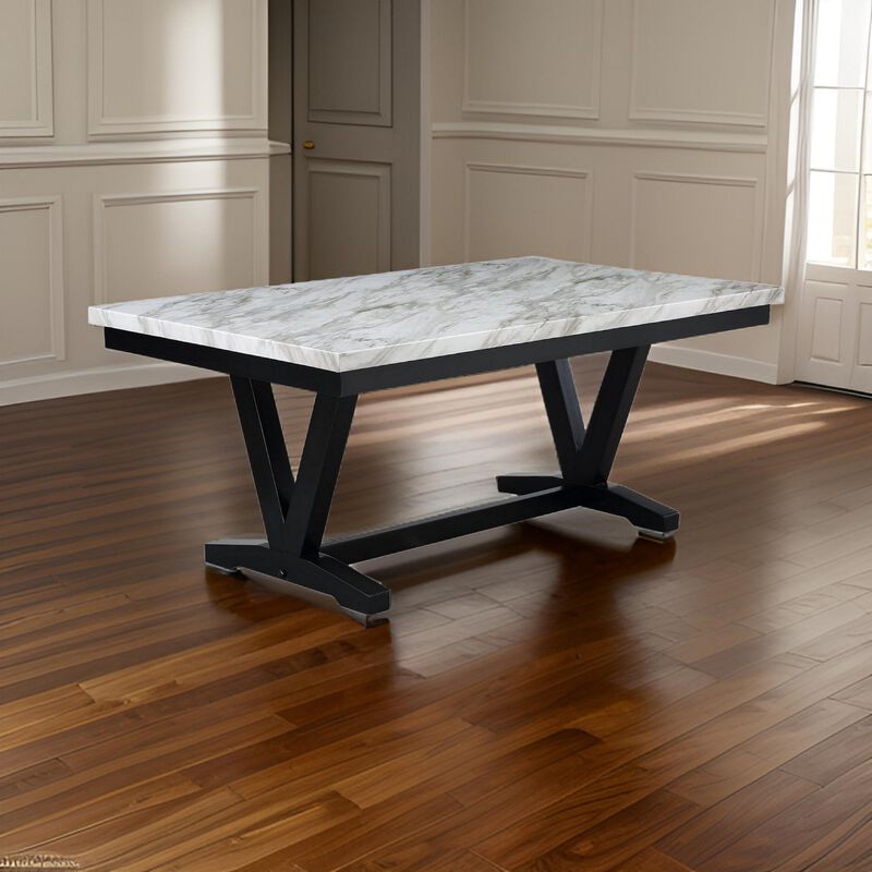 Oliver 72 Inch Dining Table With Faux Carrara Marble Top, White and Black - Benzara