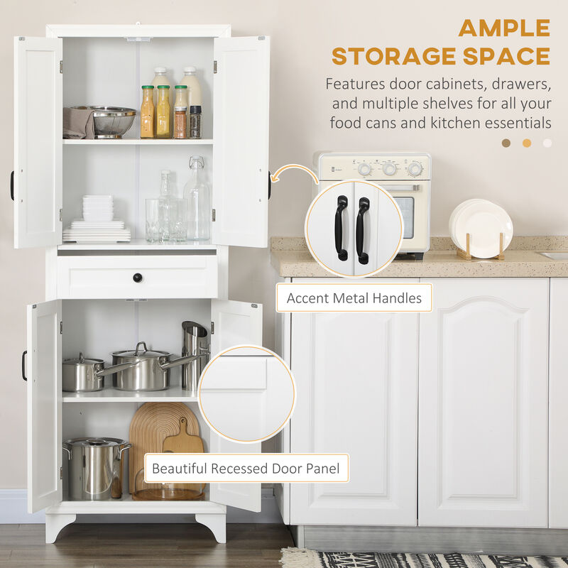 HOMCOM 67" 4-Door Kitchen Pantry with Drawer and Adjustable Shelves White
