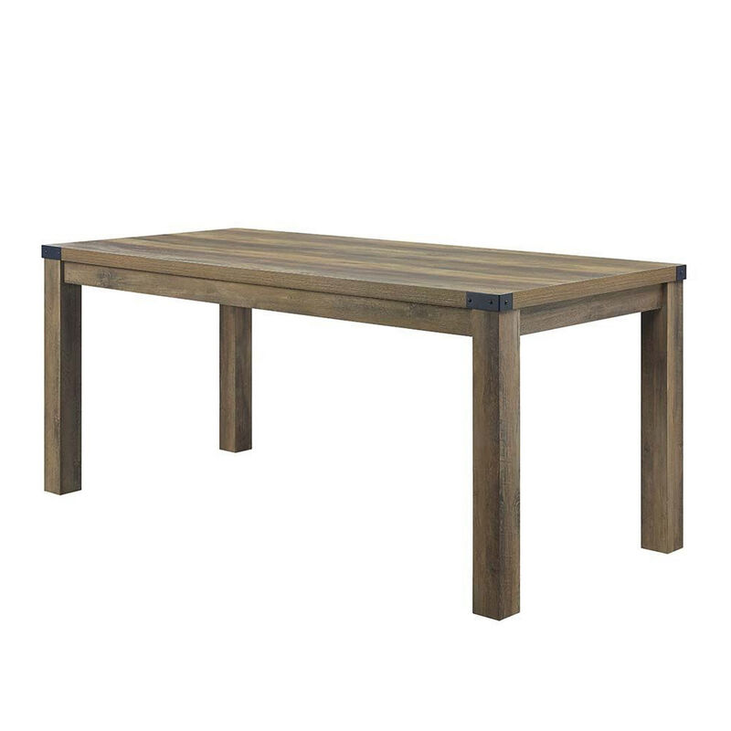 Eli 71 Inch Dining Table, Distressed Rustic Gray, Industrial Metal Rivets - Benzara