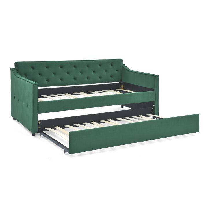 Tufted Twin Daybed with Trundle, Beige (80.5" x 44.5" x 33.5")