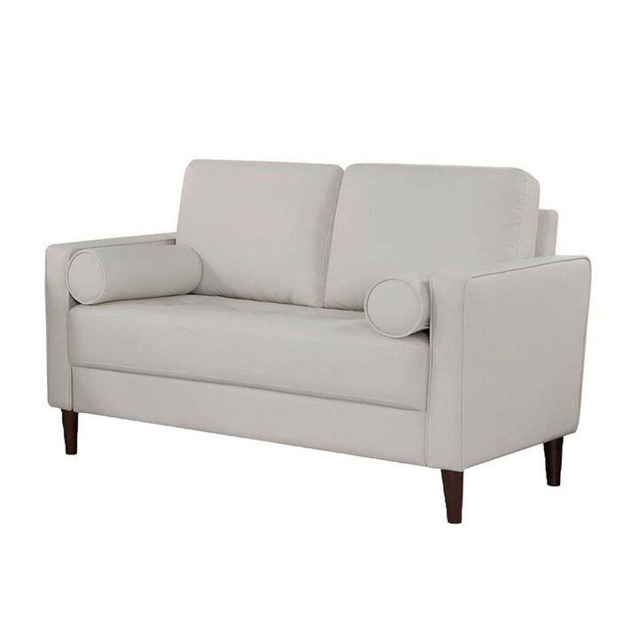 Quzi 52 Inch Loveseat, USB Port, Bolster Pillows, Tapered Legs, Off White - Benzara