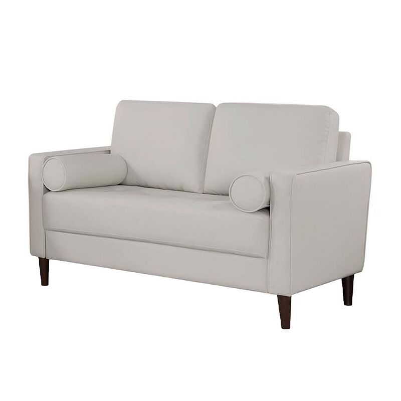 Quzi 52 Inch Loveseat, USB Port, Bolster Pillows, Tapered Legs, Off White - Benzara