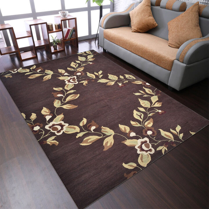 RUGSOTIC CARPETS HAND TUFTED WOOL ECO-FRIENDLY AREA RUGS  - 9'x12', Rectangle Shape, Brown, Floral Modern Design, High Pile Thick Handmade Anti Skid Area Rugs for Living Room, Bed Room (K00670)