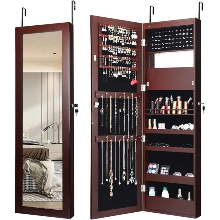 Hivvago Lockable Wall Door Mounted Mirror Jewelry Cabinet w/LED Lights