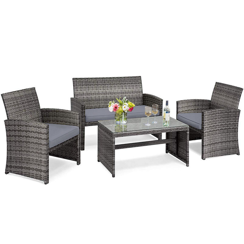 4 Pcs Patio Rattan Furniture Set Top Sofa With Glass Table