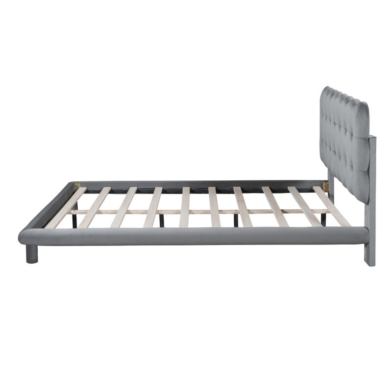 Gray Velvet Platform Bed with LED Frame