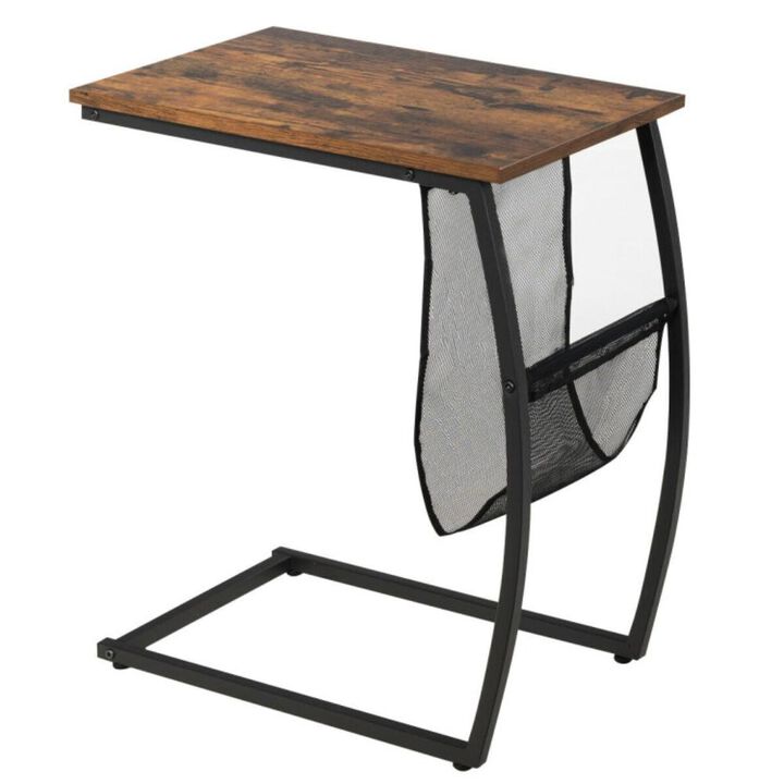 Hivvago C-shaped Vintage End Table with Side Pocket and Metal Frame
