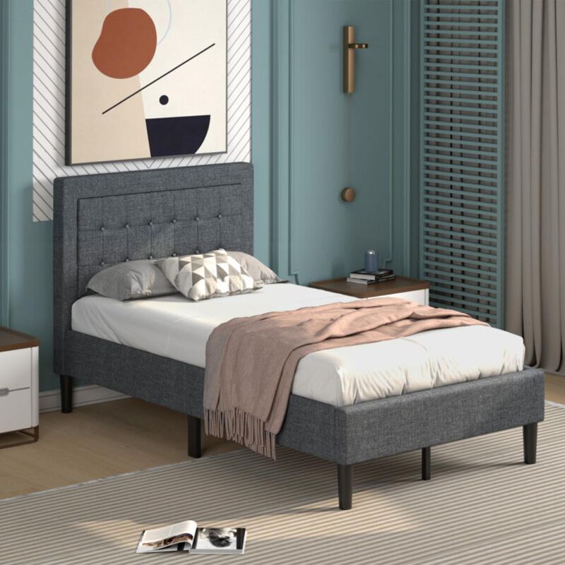 Hivvago Twin Size Upholstered Bed Frame with Button Tufted Headboard