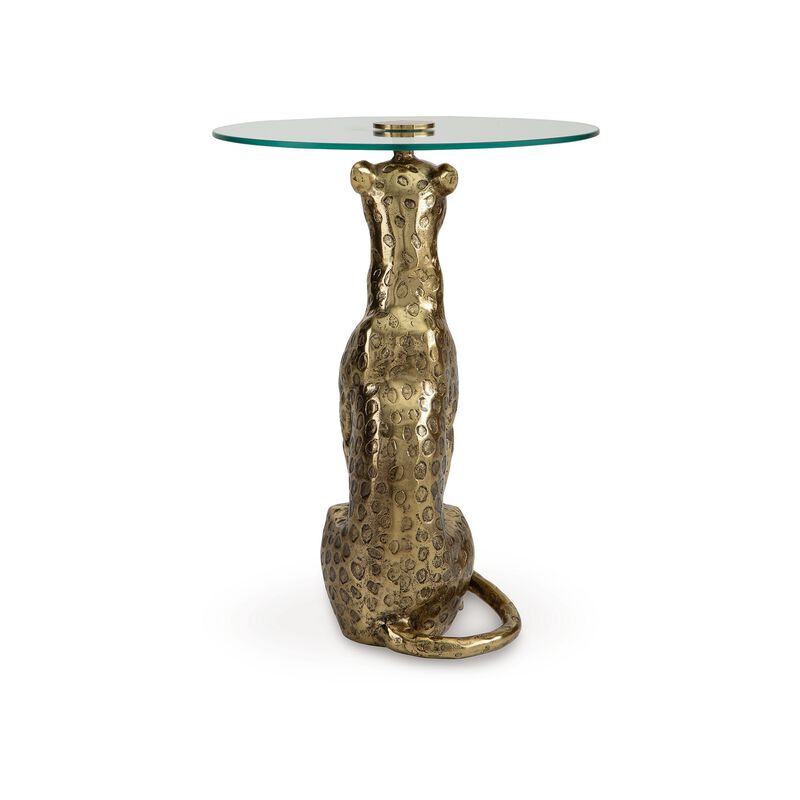 Accent Table, Gold Cast Metal Leopard Design, 18 Inch Glass Round Top - Benzara