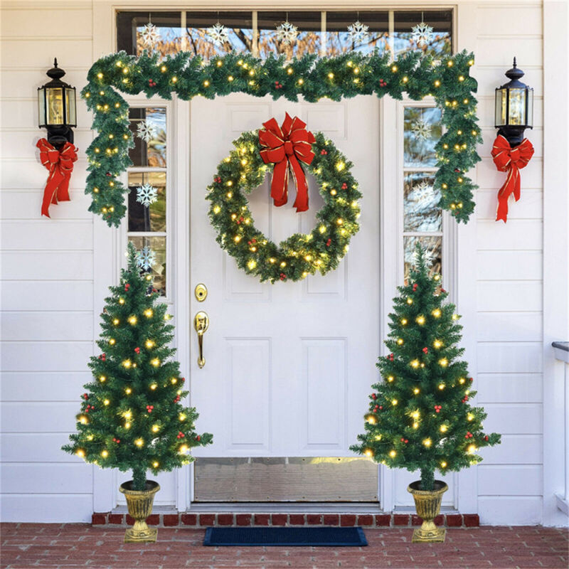 4-Piece Christmas Decoration Set with Pre-Lit Wreath, Garland, and Entrance Trees