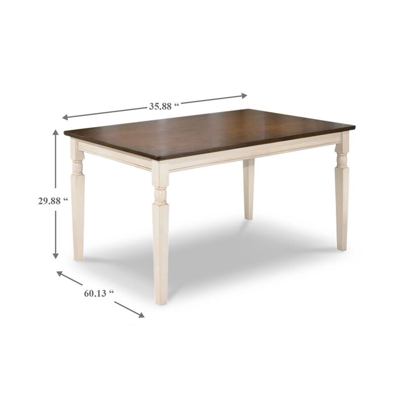 Borg Dining Table, 60 Inch Rectangular Brown Wood, White Turned Legs - Benzara