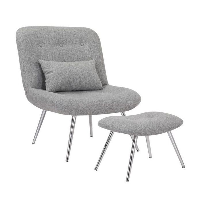 Lea 2pc Modern Lounge Chair and Ottoman Set, Gray Woven Upholstery, Chrome - Benzara