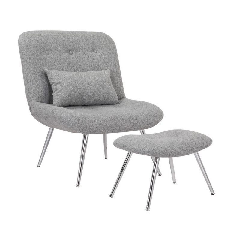 Lea 2pc Modern Lounge Chair and Ottoman Set, Gray Woven Upholstery, Chrome - Benzara