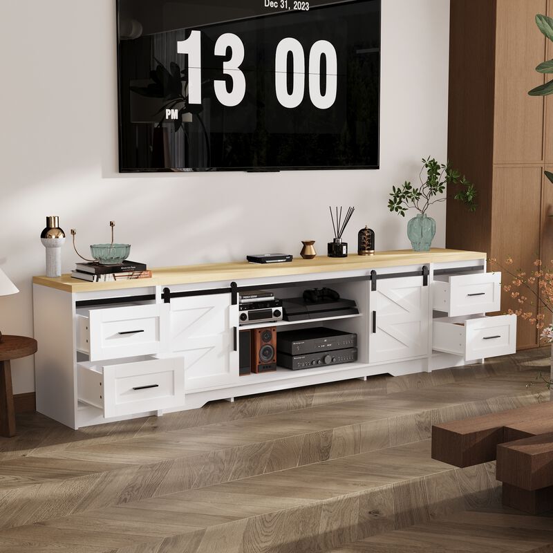 FUFU&GAGA Barn Door Style TV Cabinet with 4 Drawers and 2 Cabinets (94.5" W x 15.7" D x 23.6" H),White & Natural Wood