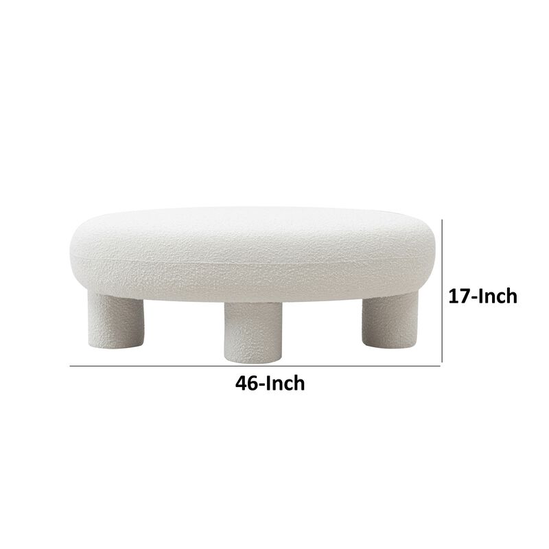 Cid 46 Inch Accent Bench Ottoman, White Polyester Oval Seat, Pine Wood Legs - Benzara