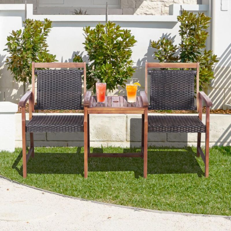 Hivvago 2-Seat Patio Rattan Acacia Wood Chair with Coffee Table