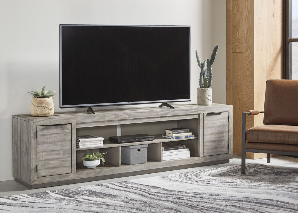Media console with sophisticated rustic style.