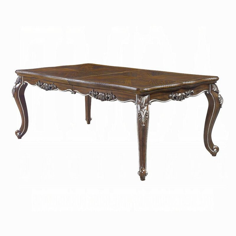 Maver Extending Dining Table, Silver Carved Antique Oak, 80-96 Inch - Benzara
