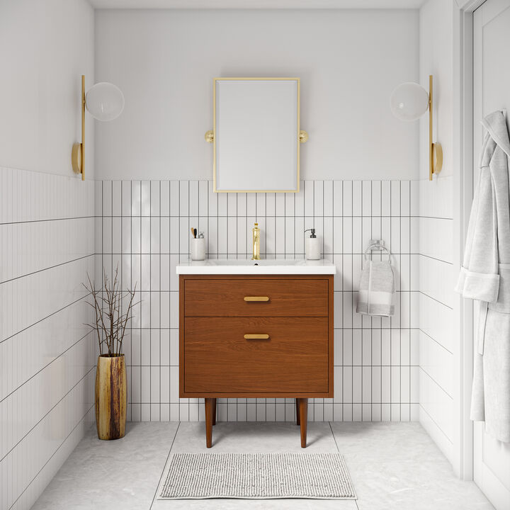Brandy 30 In. Integrated Ceramic Sink Top Vanity in Honey Walnut