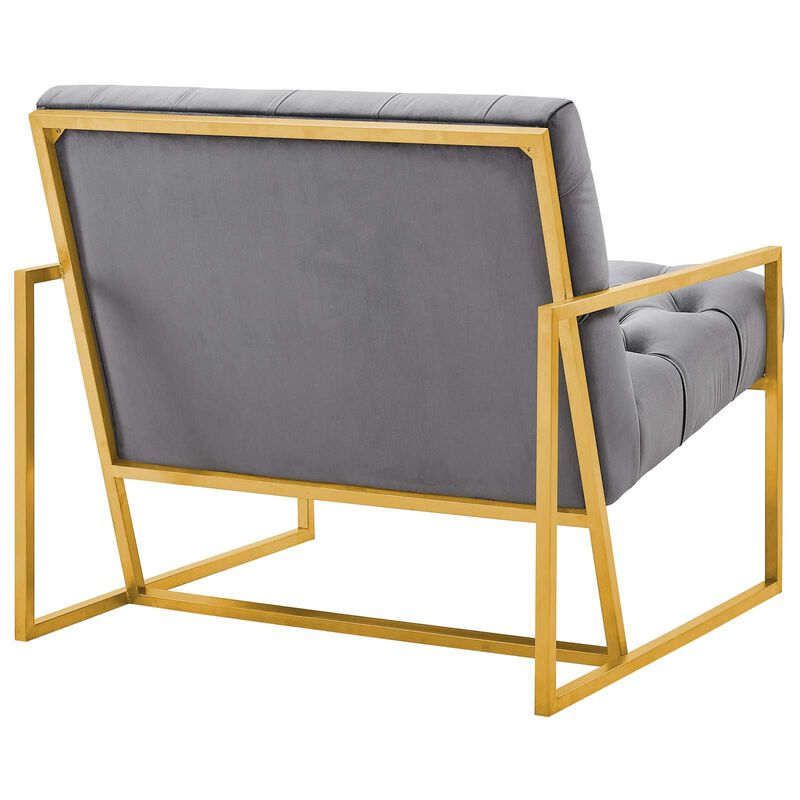 Modway Bequest Performance Velvet Upholstered Accent Lounge Arm Chair with Gold Stainless Steel Frame in Gray