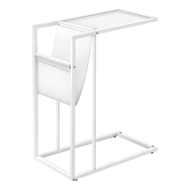 Monarch Specialties I 3067 Accent Table, C-shaped, End, Side, Snack, Magazine Storage, Living Room, Bedroom, Metal, Pu Leather Look, Tempered Glass, White, Contemporary, Modern