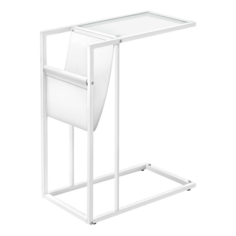 Monarch Specialties I 3067 Accent Table, C-shaped, End, Side, Snack, Magazine Storage, Living Room, Bedroom, Metal, Pu Leather Look, Tempered Glass, White, Contemporary, Modern