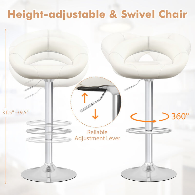Set of 2 Bar Stools Adjustable PU Leather Swivel Chairs-White