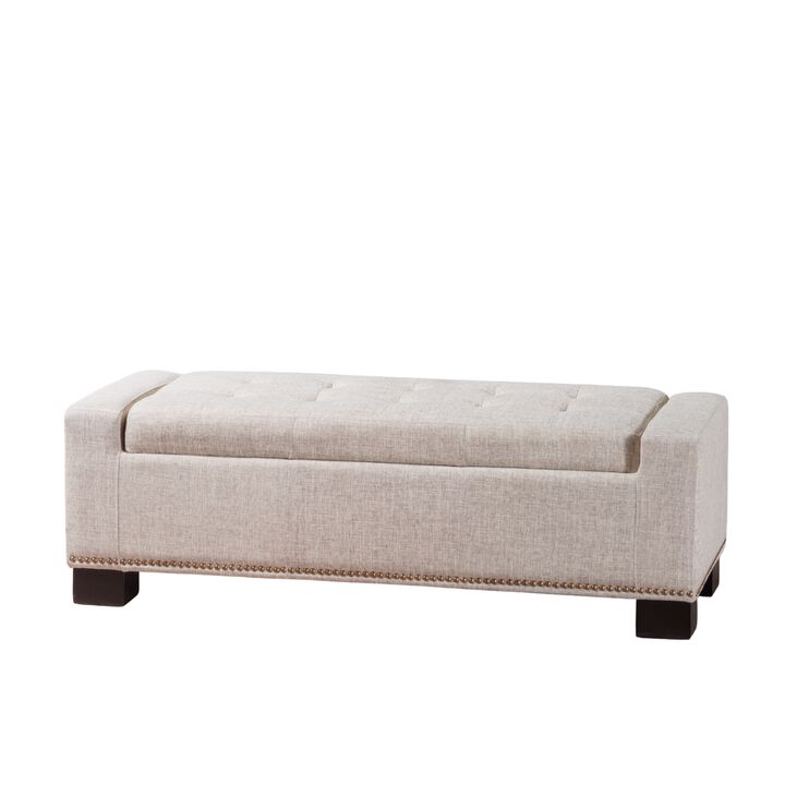 Abigail Storage Ottoman Bench, Nailhead Trim, Wheat Fabric, 51 Inch - Benzara