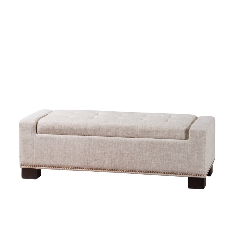 Abigail Storage Ottoman Bench, Nailhead Trim, Wheat Fabric, 51 Inch - Benzara