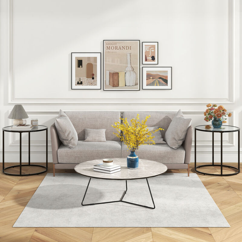 20 Inch Glass End Table with Metal Frame and Faux Marble Glass Top