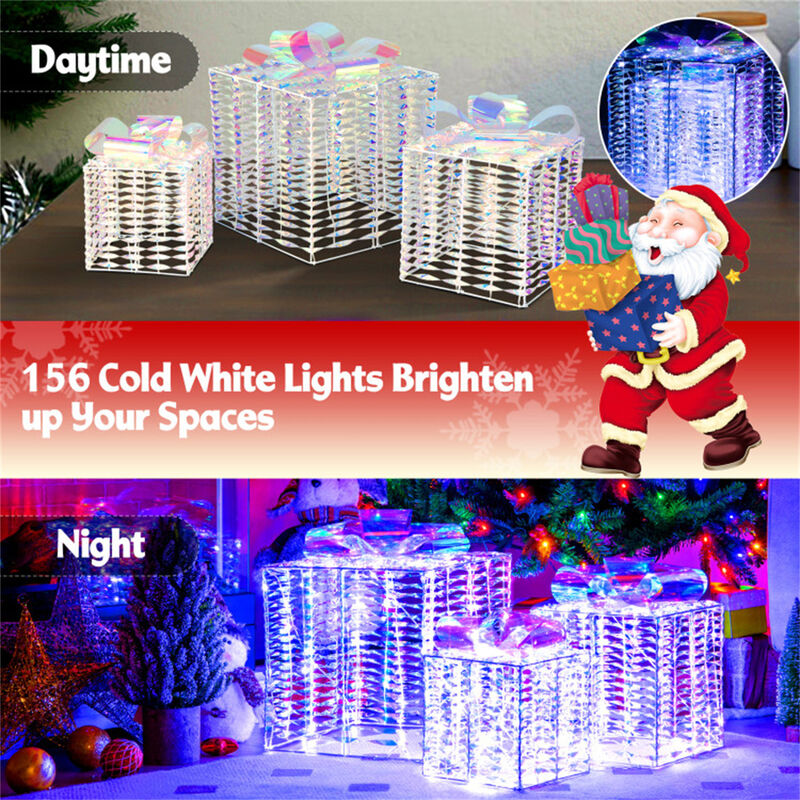 Set of 3 Lighted Christmas Gift Boxes with Bows for Holiday Decor