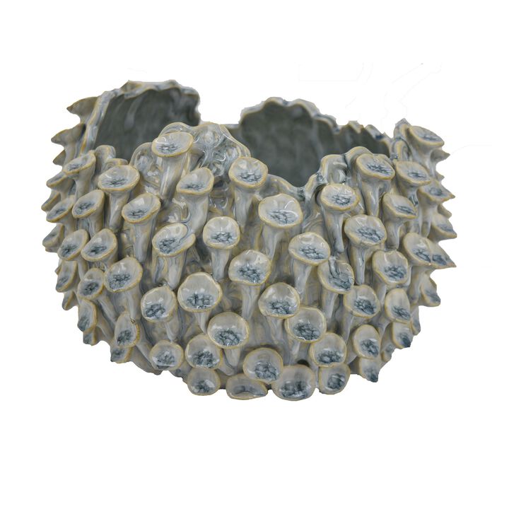 Nina Decorative Bowl, Light Blue, Textured Coral Gray Ceramic, 11 Inch - Benzara